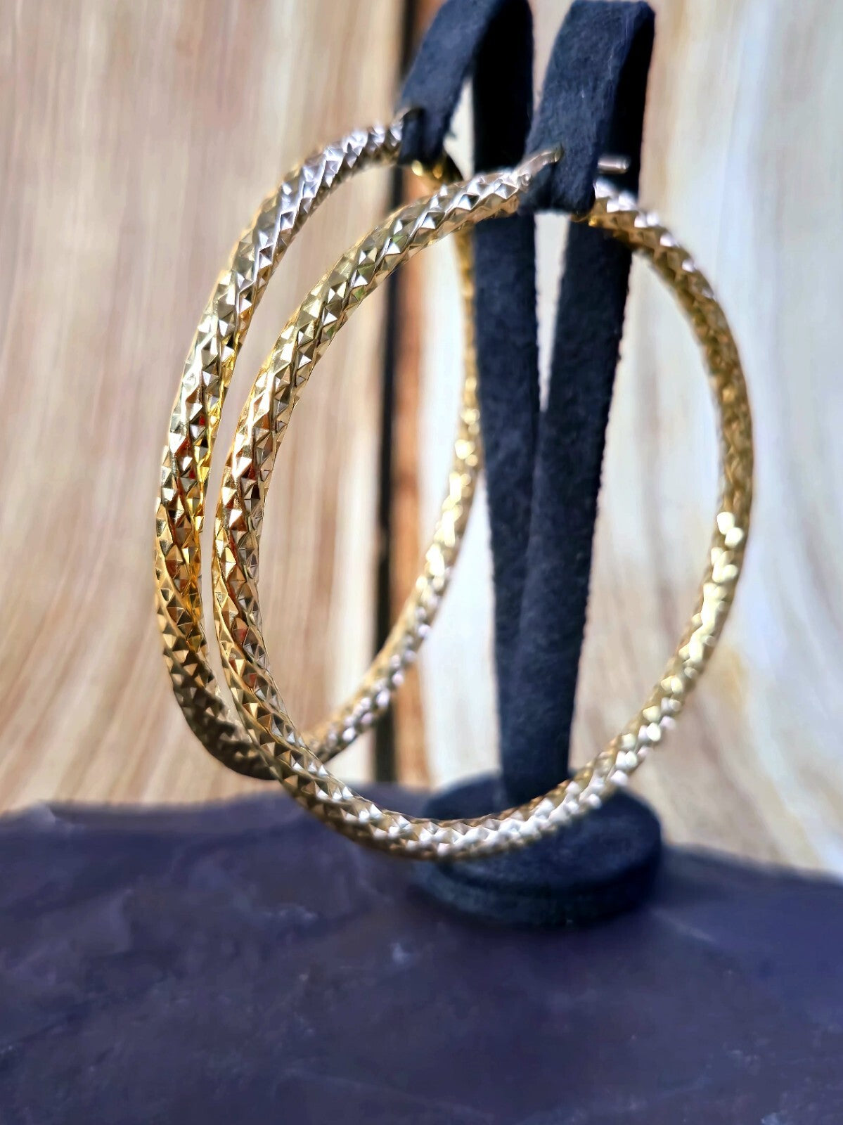 Big 9ct Yellow Gold Twisted Hoop Earrings Twist Hoops 67mm Diamond Cut Pattern