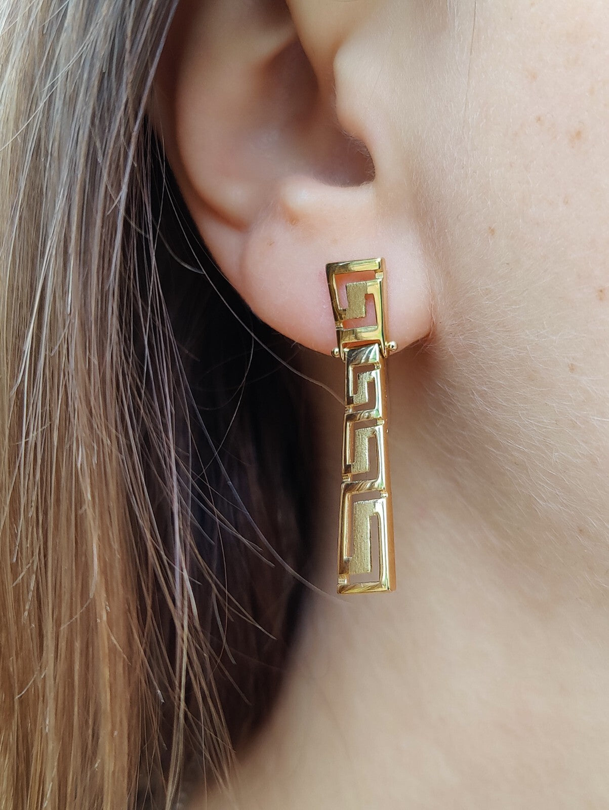 Solid 3.4grams Greek Key Earrings 9ct Yellow Gold Leverback Hallmarked