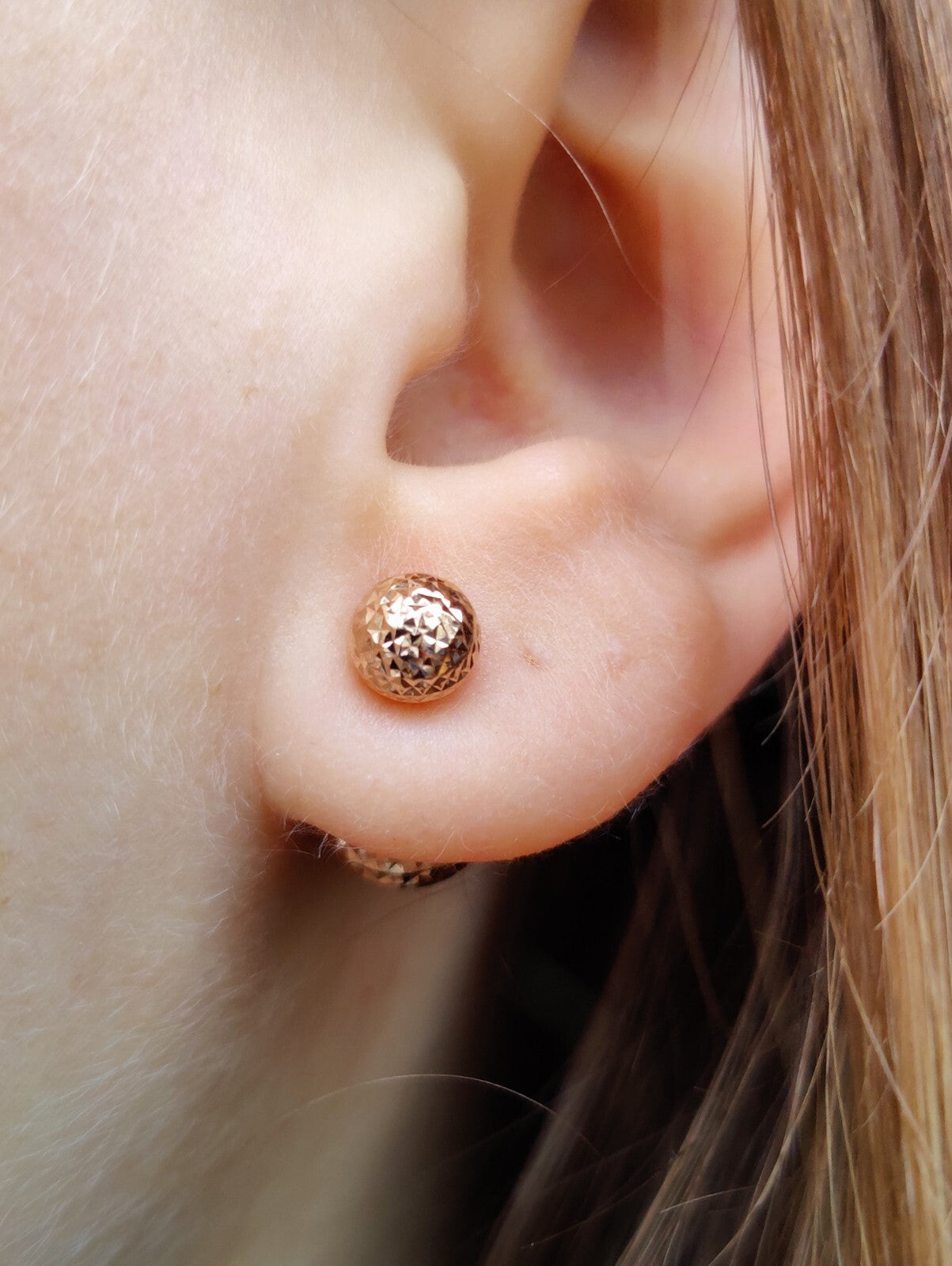 New Double Ball Reversible 9K Rose Gold Stud Earrings 6-10mm Diamond Cut Balls