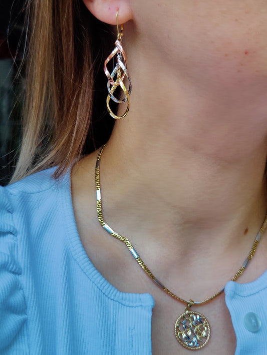 New 9ct Yellow/White/Rose Gold Triple Twist Drop Earrings Leverback Solid Gold