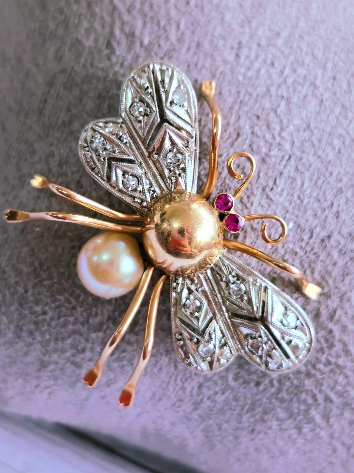 18K Rose Gold & Platinum Antique Victorian Diamonds Ruby & Pearl Bee Brooch Bug