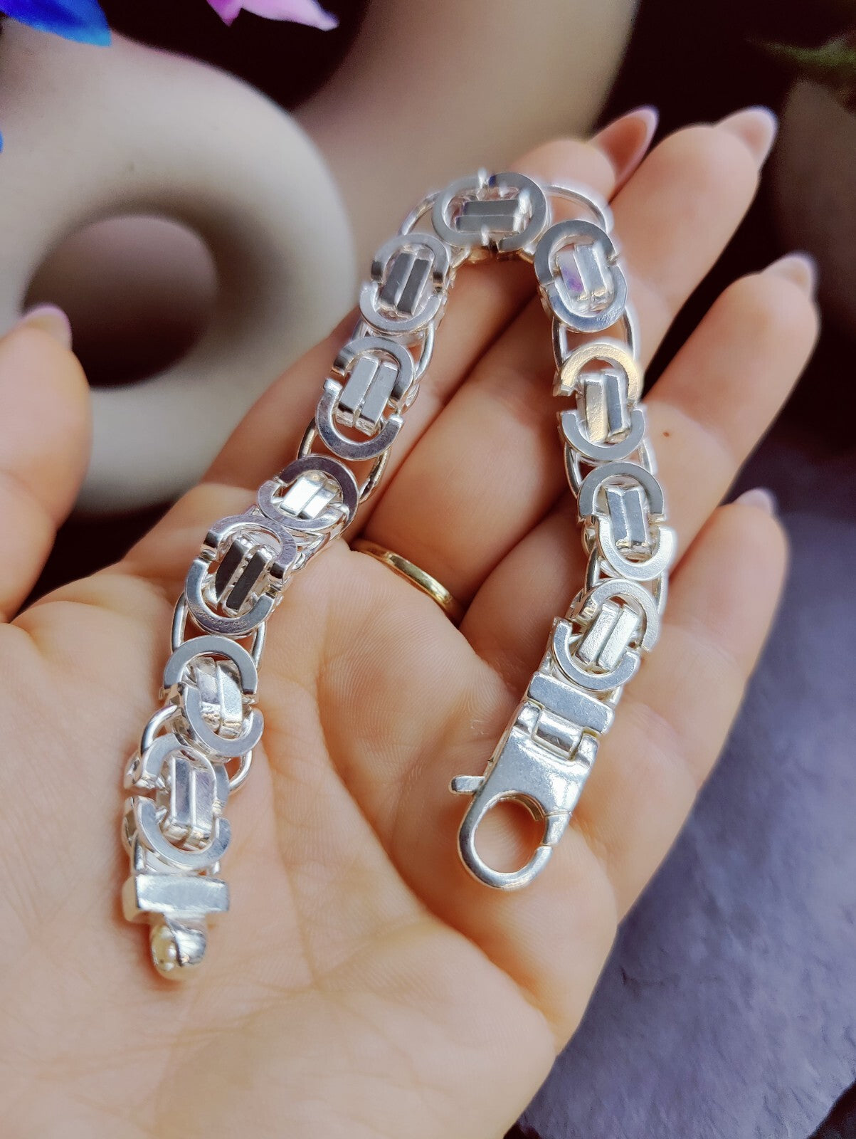 925 Sterling Silver Chunky Heavy Mens Chain Bracelet 43grams Flat Byzantine 10mm