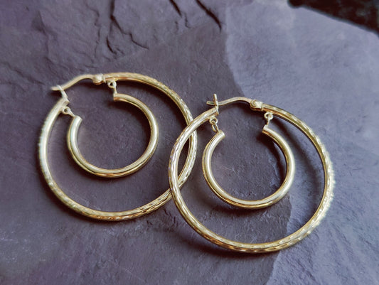 9ct Solid Yellow Gold Double Hoop Earrings Two Circles Hoops 34mm Hallmarked