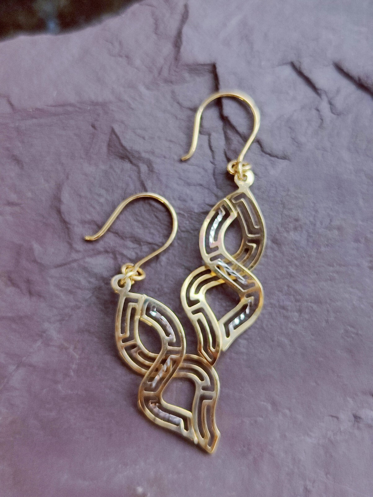 9ct Solid Yellow/White Long Drop Earrings Diamond Cut Eternity Motif Hook