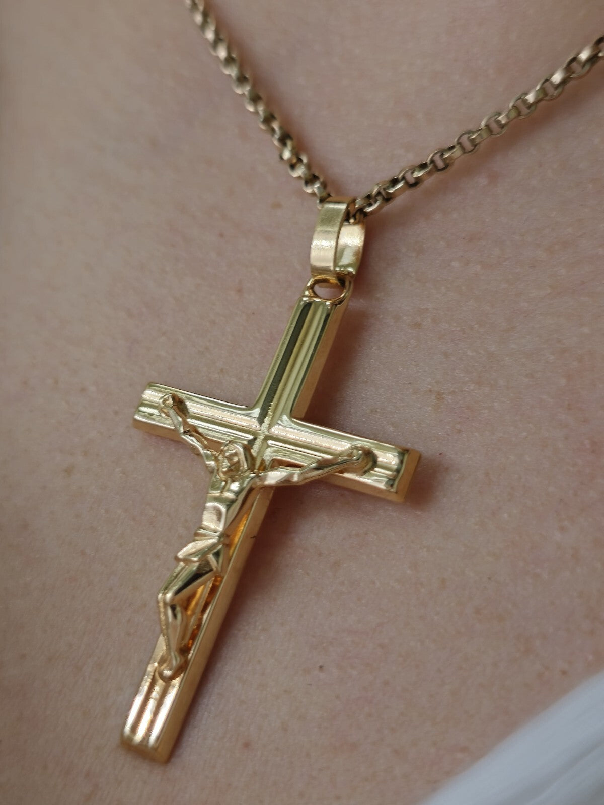 New Solid 9ct Yellow Gold Square Cross with Jesus Pendant 50mm x 30mm Hallmarked