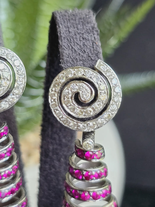 14ct and 16ct White Gold Natural Diamonds and Ruby Dangle Earrings Heavy