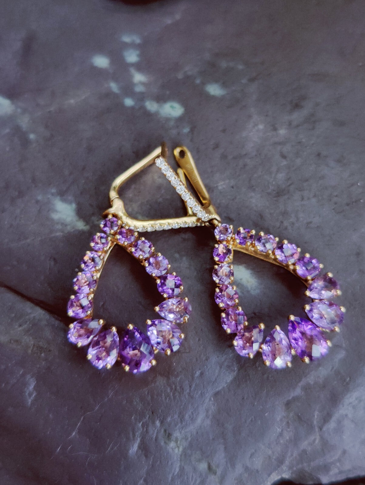 Solid 18K Rose Gold Amethyst & Diamond Drop Earrings Pear Shape Elegant