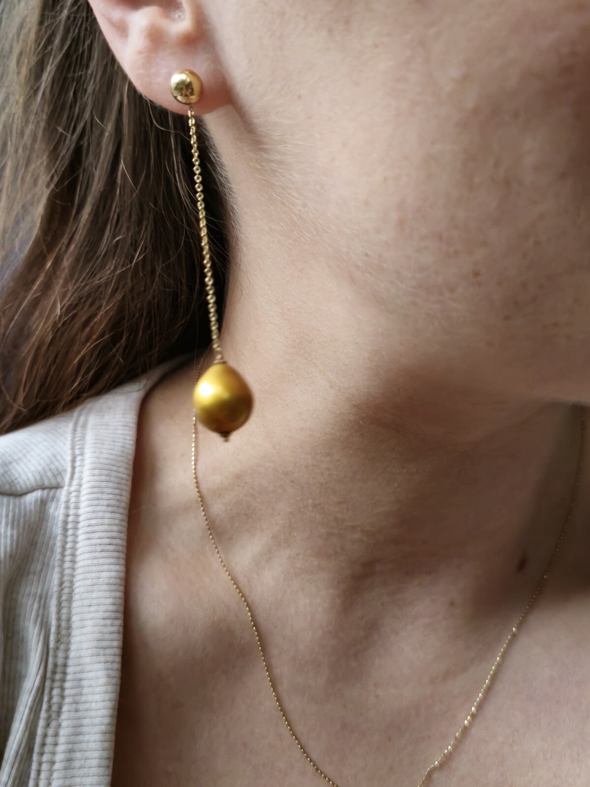Long Chain Drop Earrings in 14K Yellow Gold Yellow 8mm Baroque Pearls 73mm Long