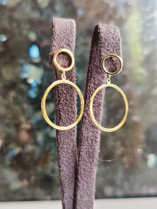 NEW 9ct Solid Yellow Gold Drop Earrings Double Circle With Butterfly Fitting