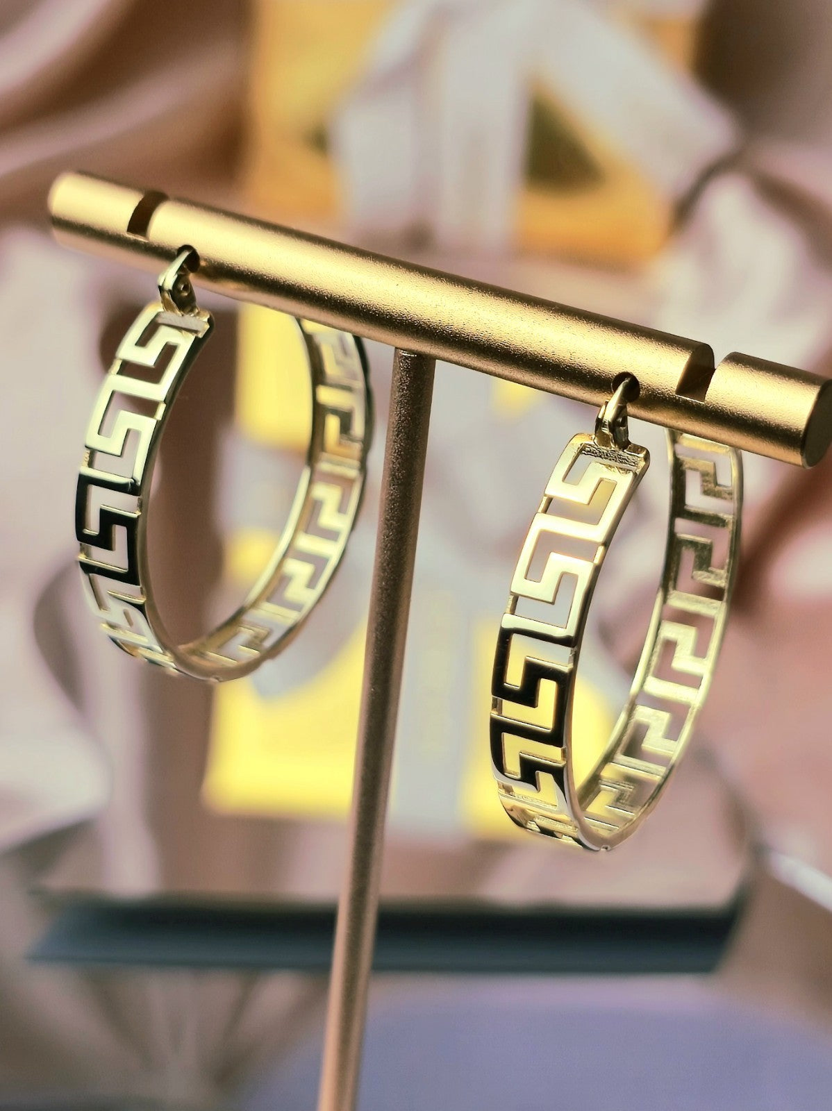 NEW 9ct Yellow Gold Solid Hoop Greek Key Earrings See Through Wide Hoops