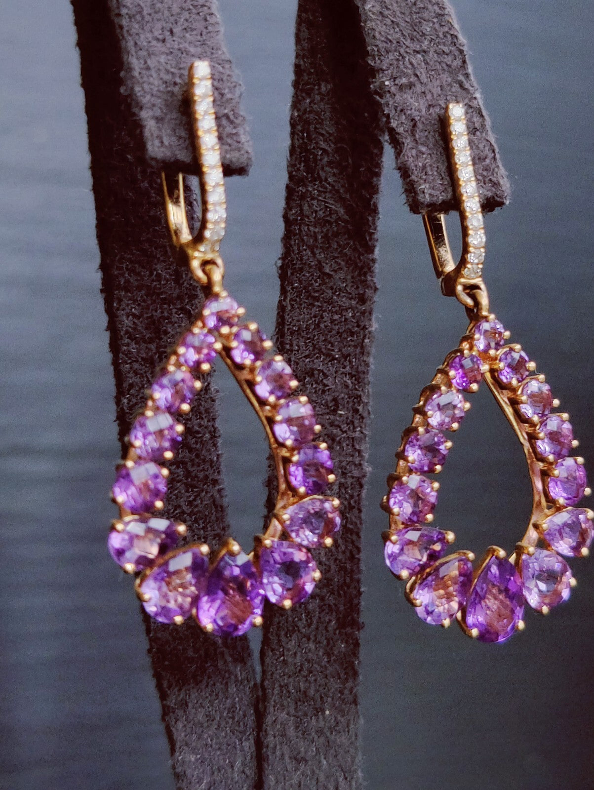 Solid 18K Rose Gold Amethyst & Diamond Drop Earrings Pear Shape Elegant
