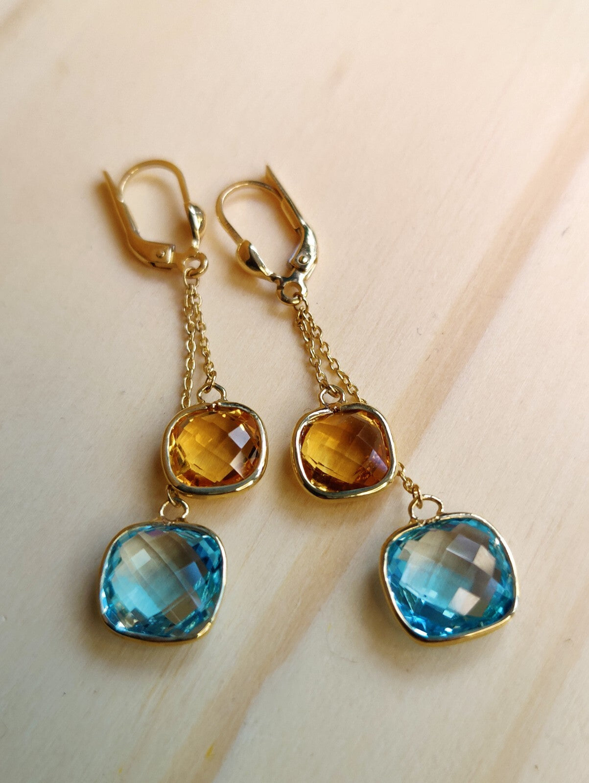New 9ct Gold Drop Earrings 5grams Blue Topaz and Citrine Big Stones Hallmarked