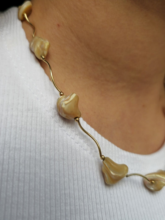 9K Yellow Gold Bars And Natural Baroque Pearls 18inch Necklace 16.5grams