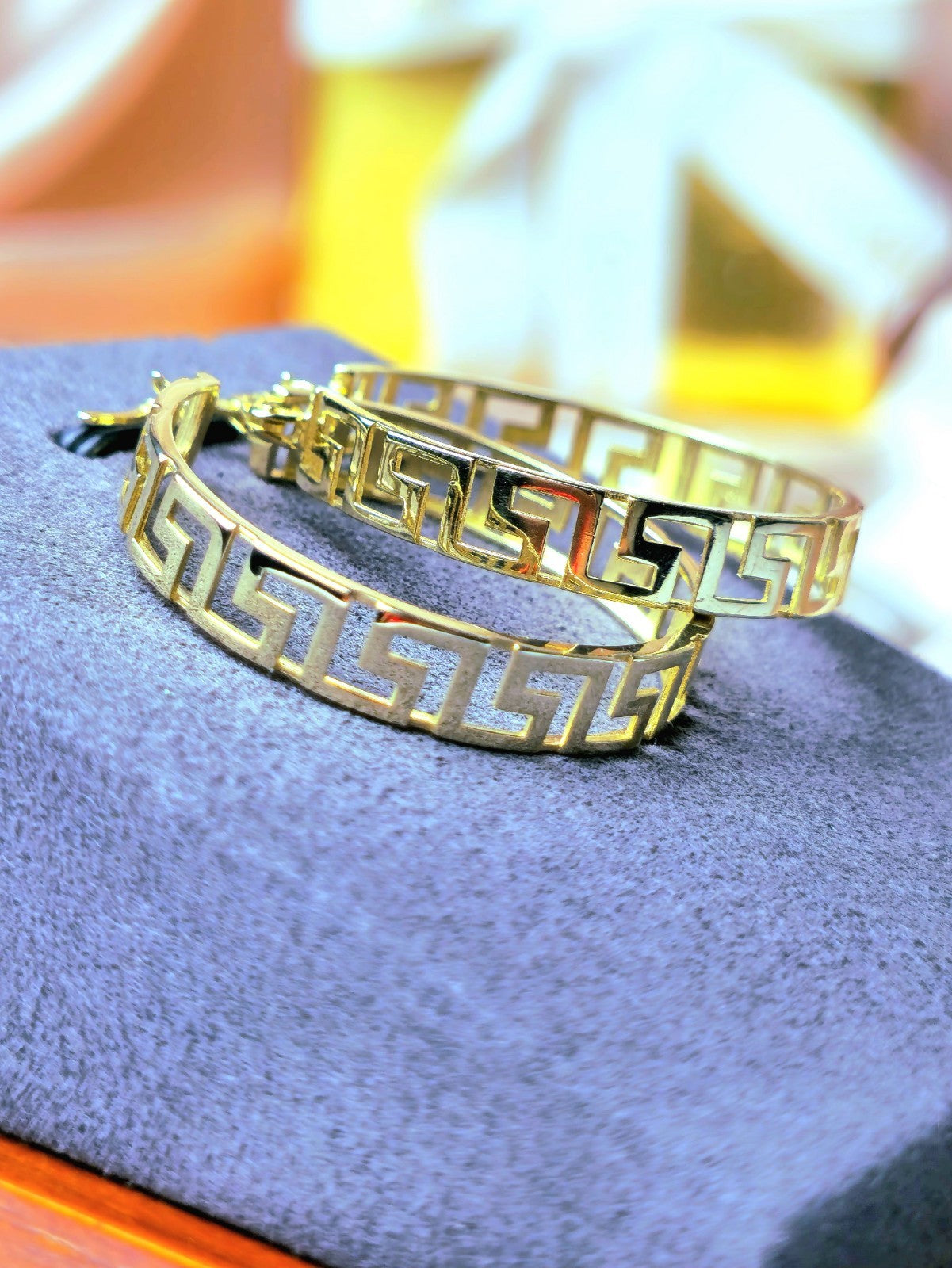 NEW 9ct Yellow Gold Solid Hoop Greek Key Earrings See Through Wide Hoops