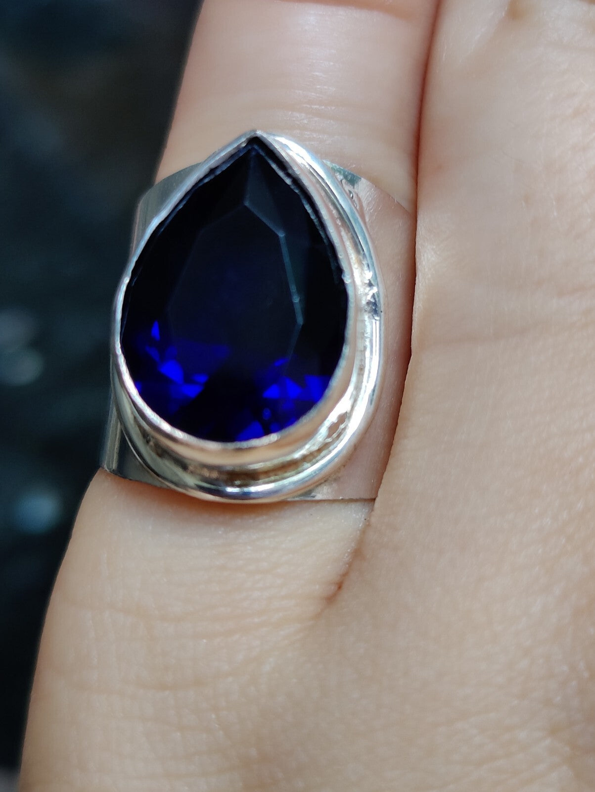 Sterling Silver 925 Ring with Big Blue Pear Shape Stone, Dress, Coctail, size K