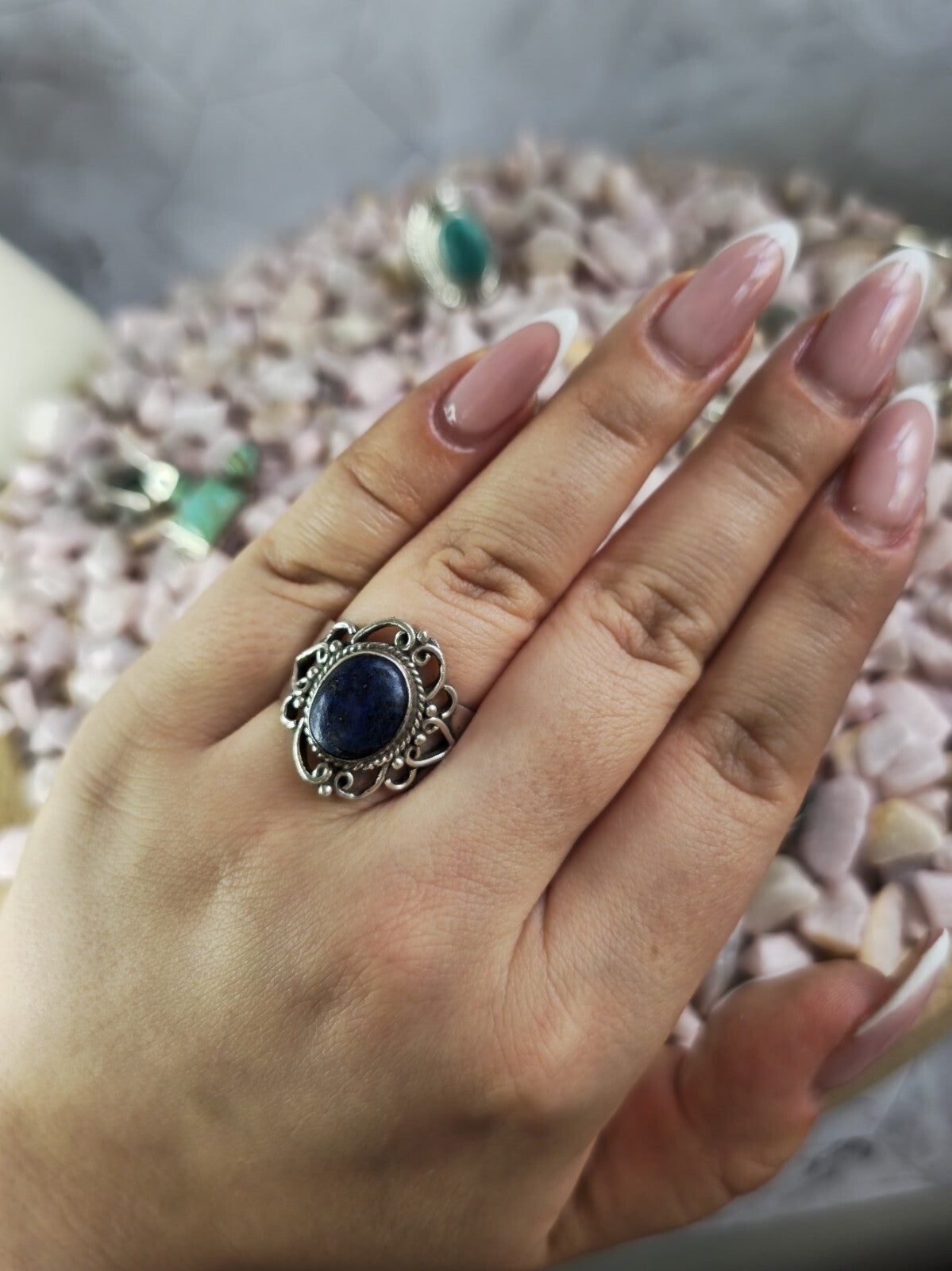 Vintage Like Sterling Silver Dress Cocktail Ring with Lapis Lazuli Oval size S