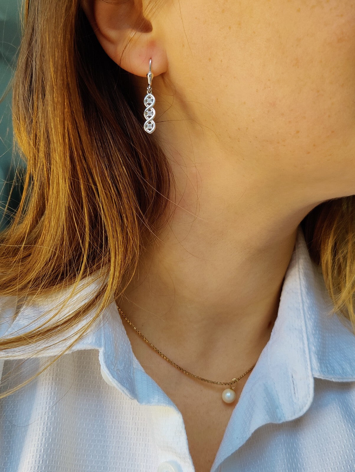 9ct White Gold triple Twist Drop Dangly Earrings with CZ Leverback Hallmarked