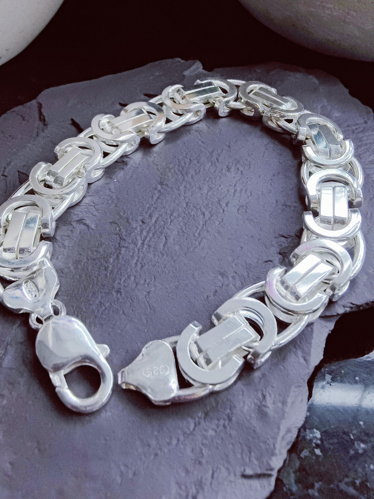 925 Sterling Silver Chunky Heavy Mens Chain Bracelet 52grams Flat Byzantine 10mm