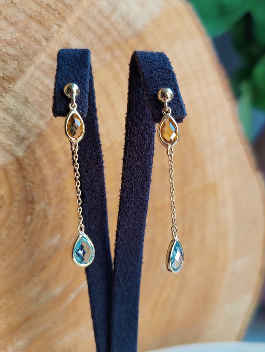 New 9ct Yellow Gold Drop Earrings Blue Topaz and Citrine Gemstones Hallmarked
