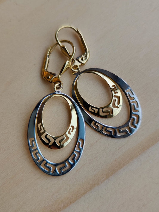 NEW OVAL Earrings 9ct Yellow/White Gold Leverback Hallmarked Greek Key Pattern