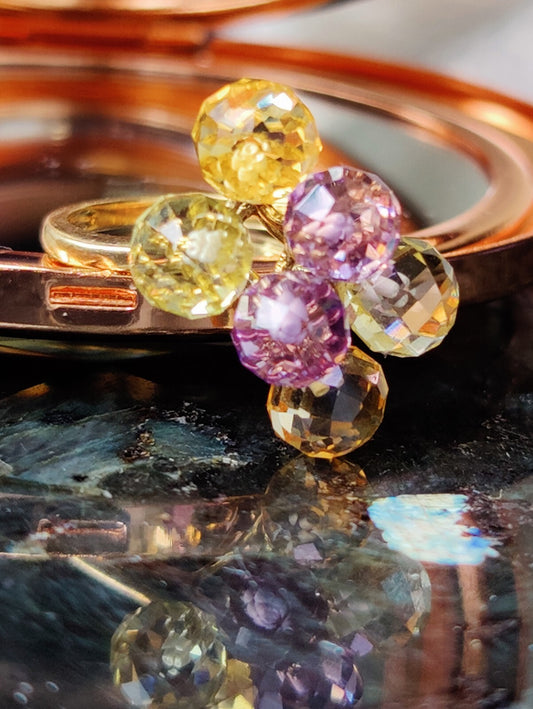 9ct Solid Yellow Gold Dress Ring size K with Citrines and Amethysts Very Unusual