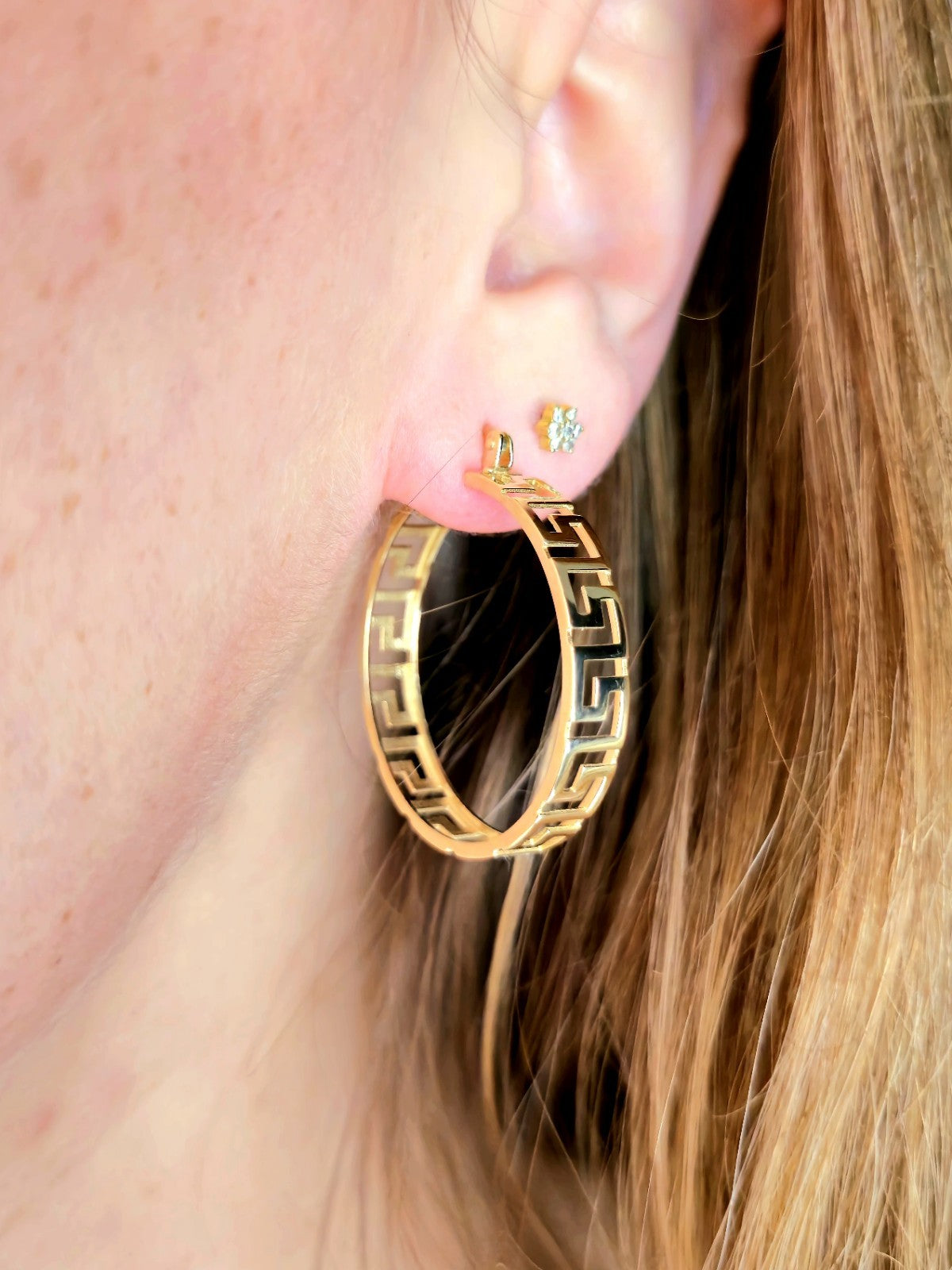 NEW 9ct Yellow Gold Solid Hoop Greek Key Earrings See Through Wide Hoops