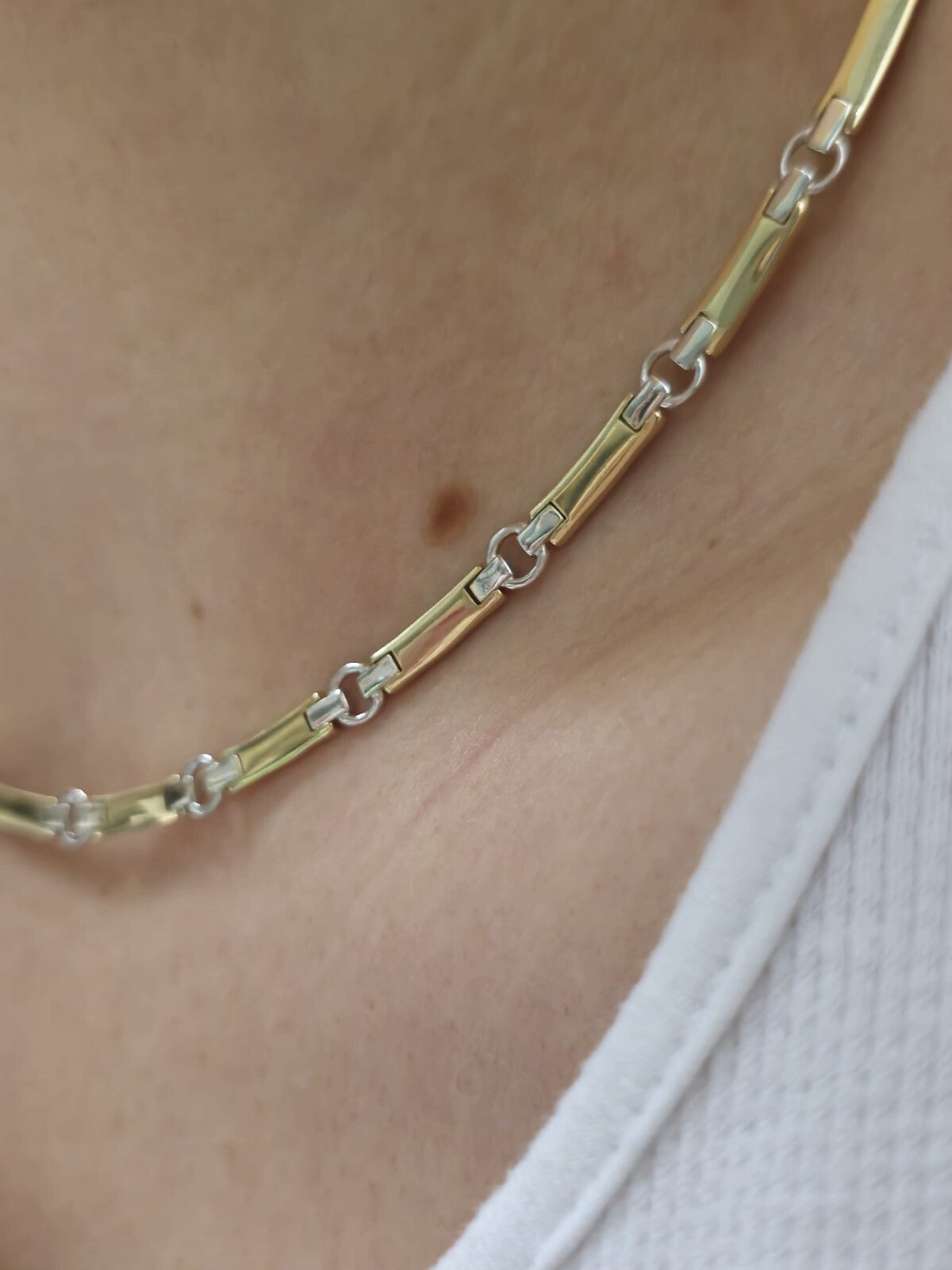 New Solid Fancy 9ct Yellow/White Gold Necklace Collar Chocker Circles/Bars 20g