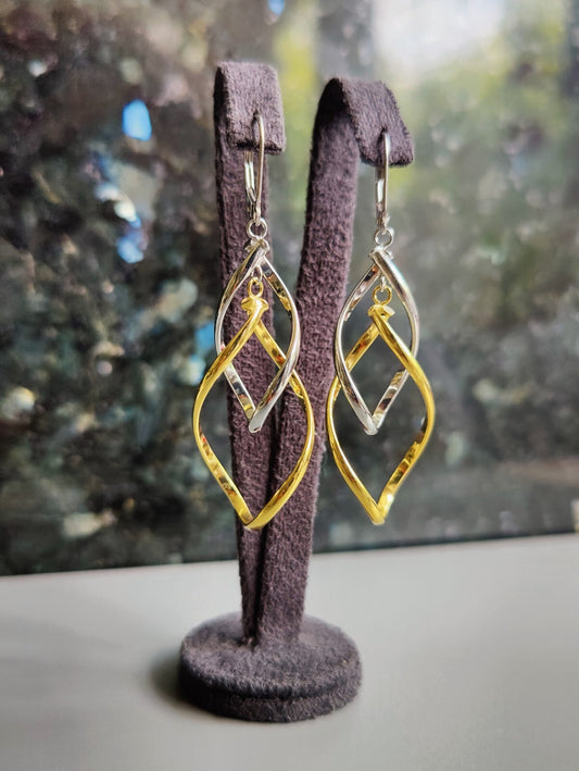 New Solid 9ct Yellow White Gold Double Twist Drop Earrings Leverback Clasp