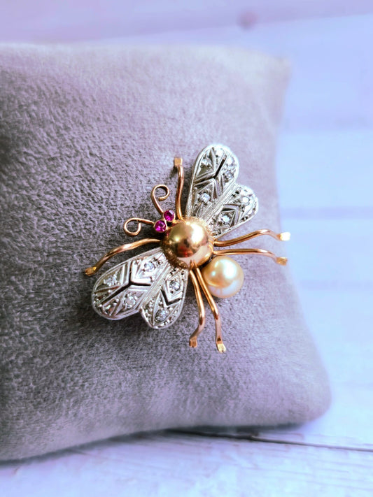 18K Rose Gold & Platinum Antique Victorian Diamonds Ruby & Pearl Bee Brooch Bug