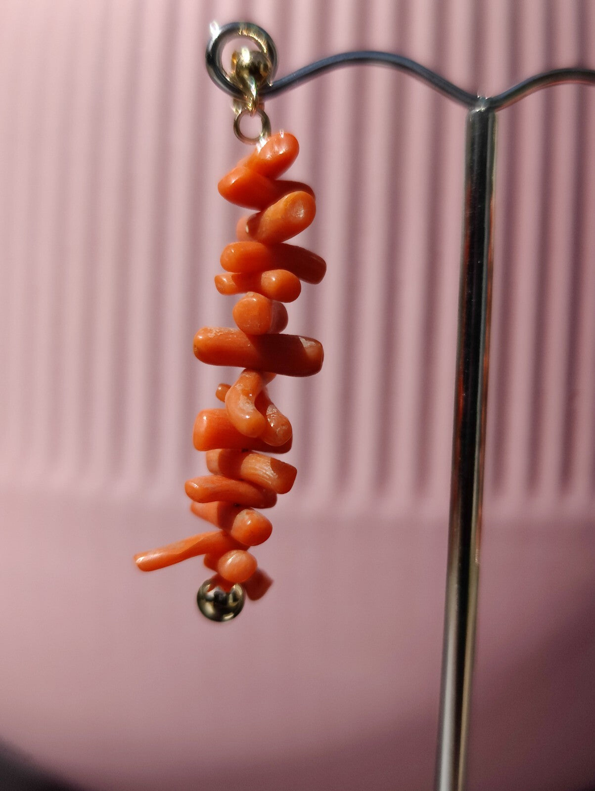9ct Real Yellow GOLD and Natural Red CORAL Long Drop Earrings 4.5cm Vintage