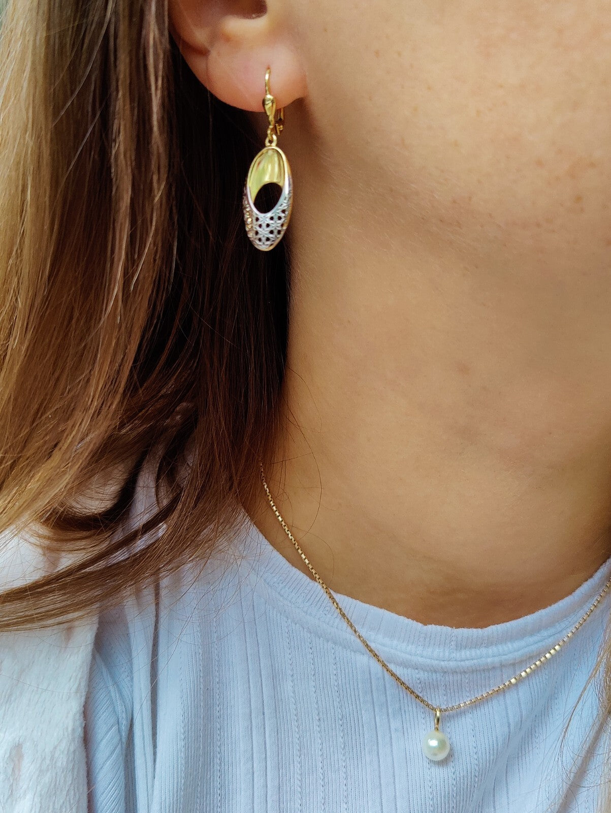 New 9ct Yellow/White Gold Drop Dangly Earrings Hallmarked Decorative Pattern