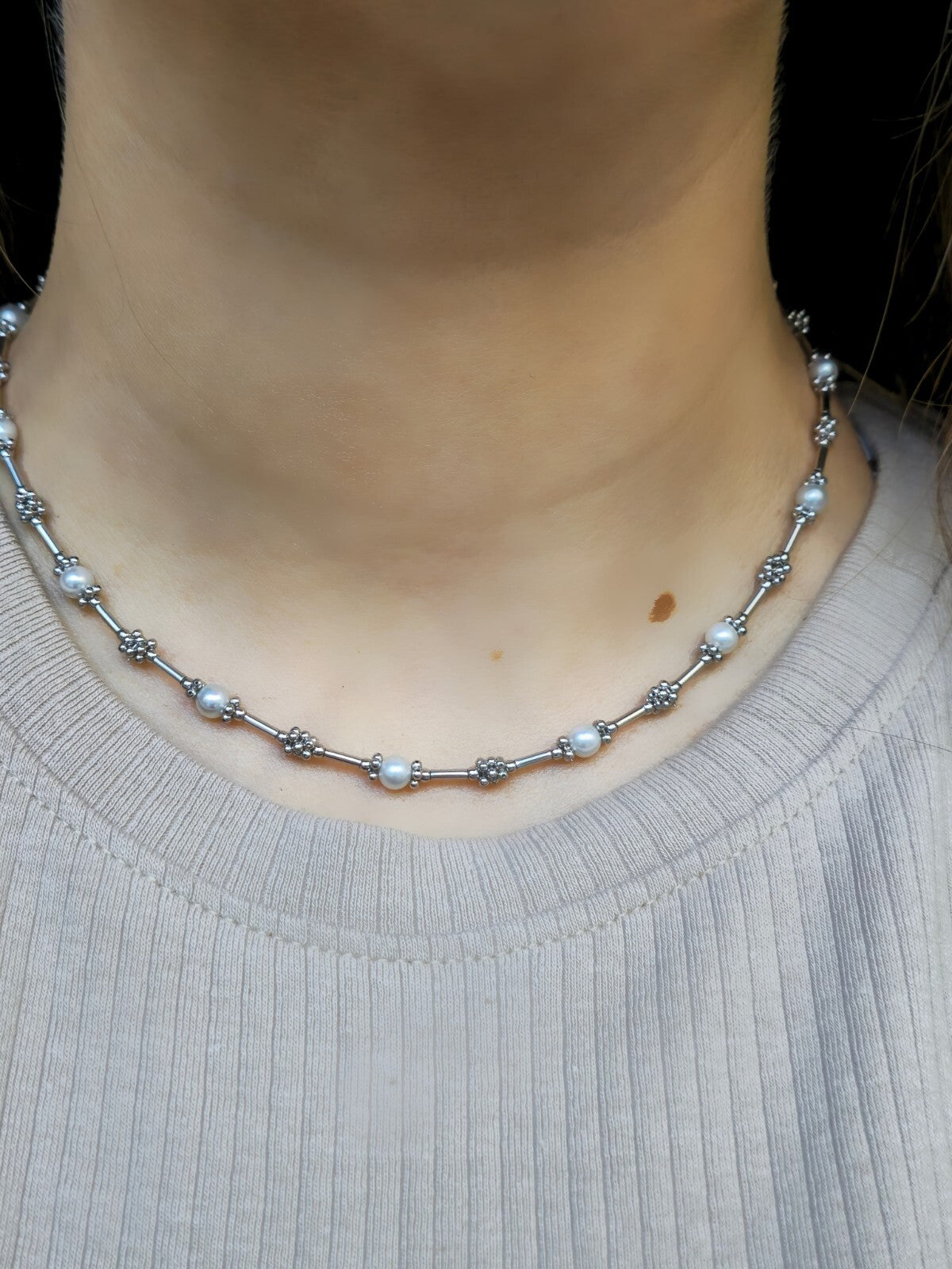 9k White Gold Necklace with Freshwater Pearls Beaded Chain decor 16inch 10grams