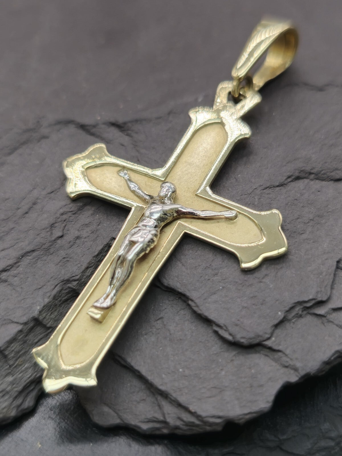 Lovely New Solid 9ct Yellow Gold Cross with Jesus Pendant 55x30mm Matt Finish