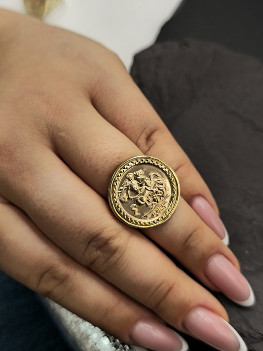 New Solid 9ct Yellow Gold Signet Full Sovereign Coin Ring size L 22mm Hallmarked