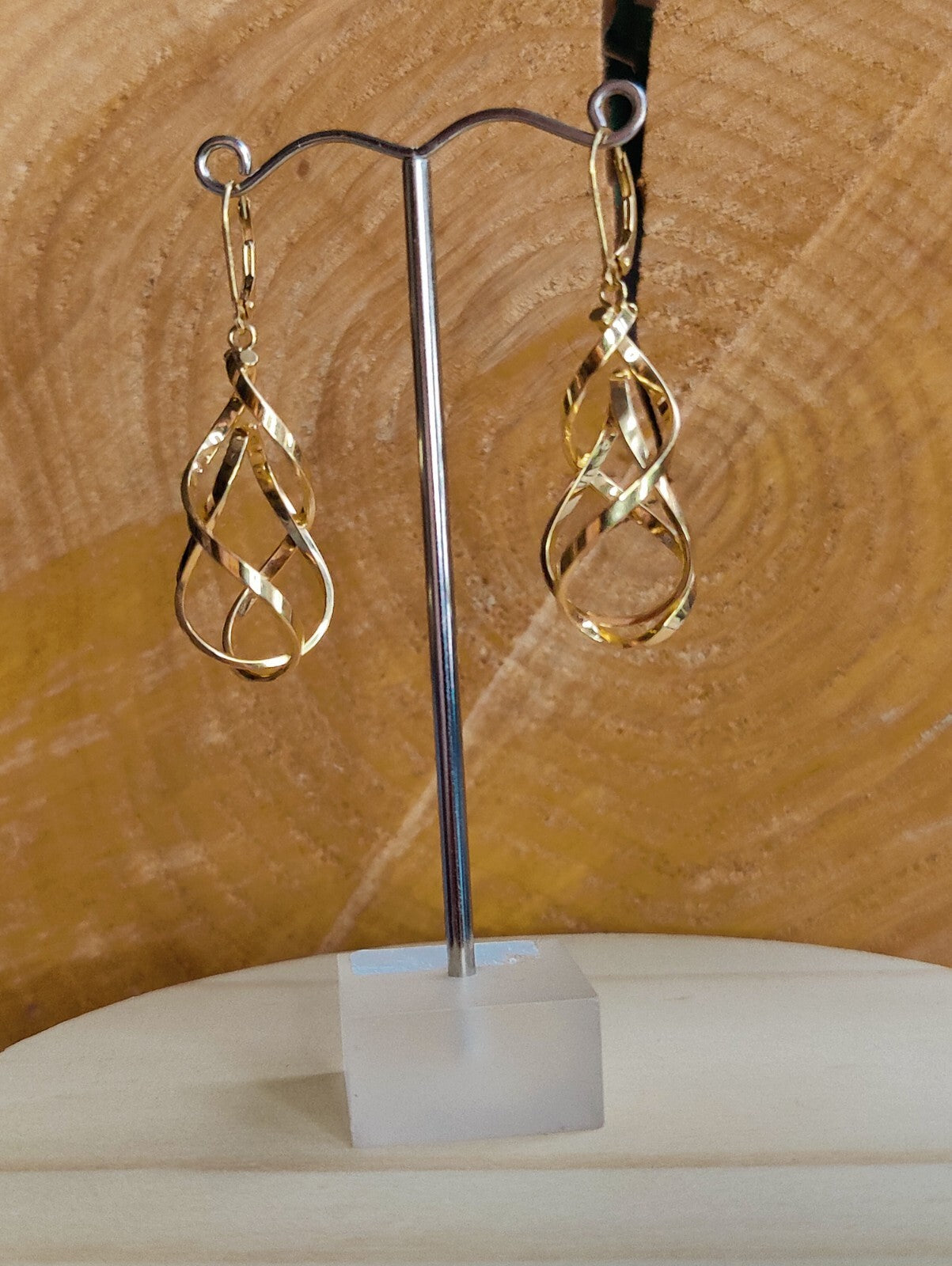 Solid 2.8g 9ct Yellow Gold Double Twist Drop Earrings Leverback Clasp Hallmarked