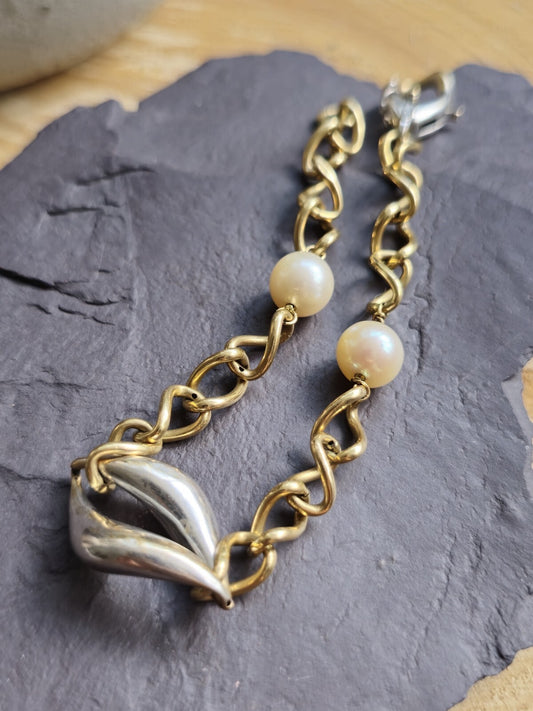 Solid 18k Yellow/White Gold Pearl Bracelet Hollow