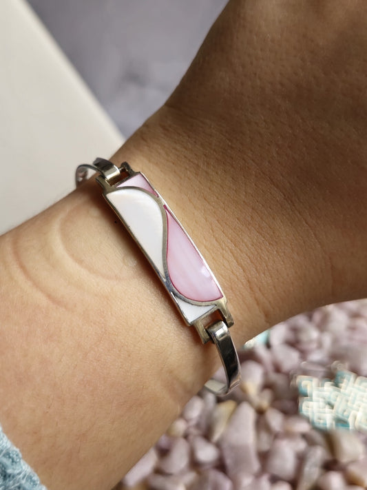 Lovely 925 Sterling Silver ID BANGLE Bracelet White and Pink 13g