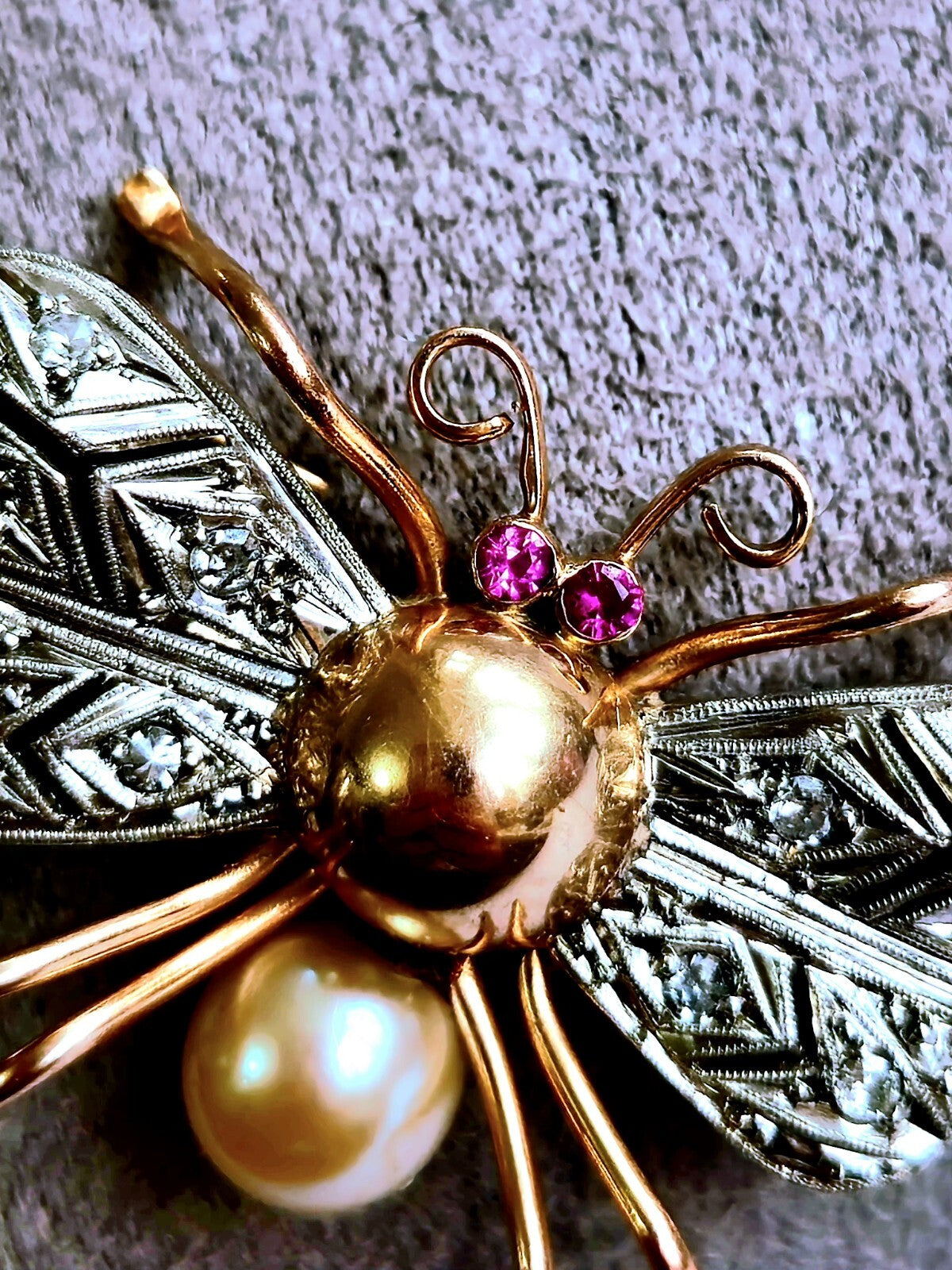 18K Rose Gold & Platinum Antique Victorian Diamonds Ruby & Pearl Bee Brooch Bug