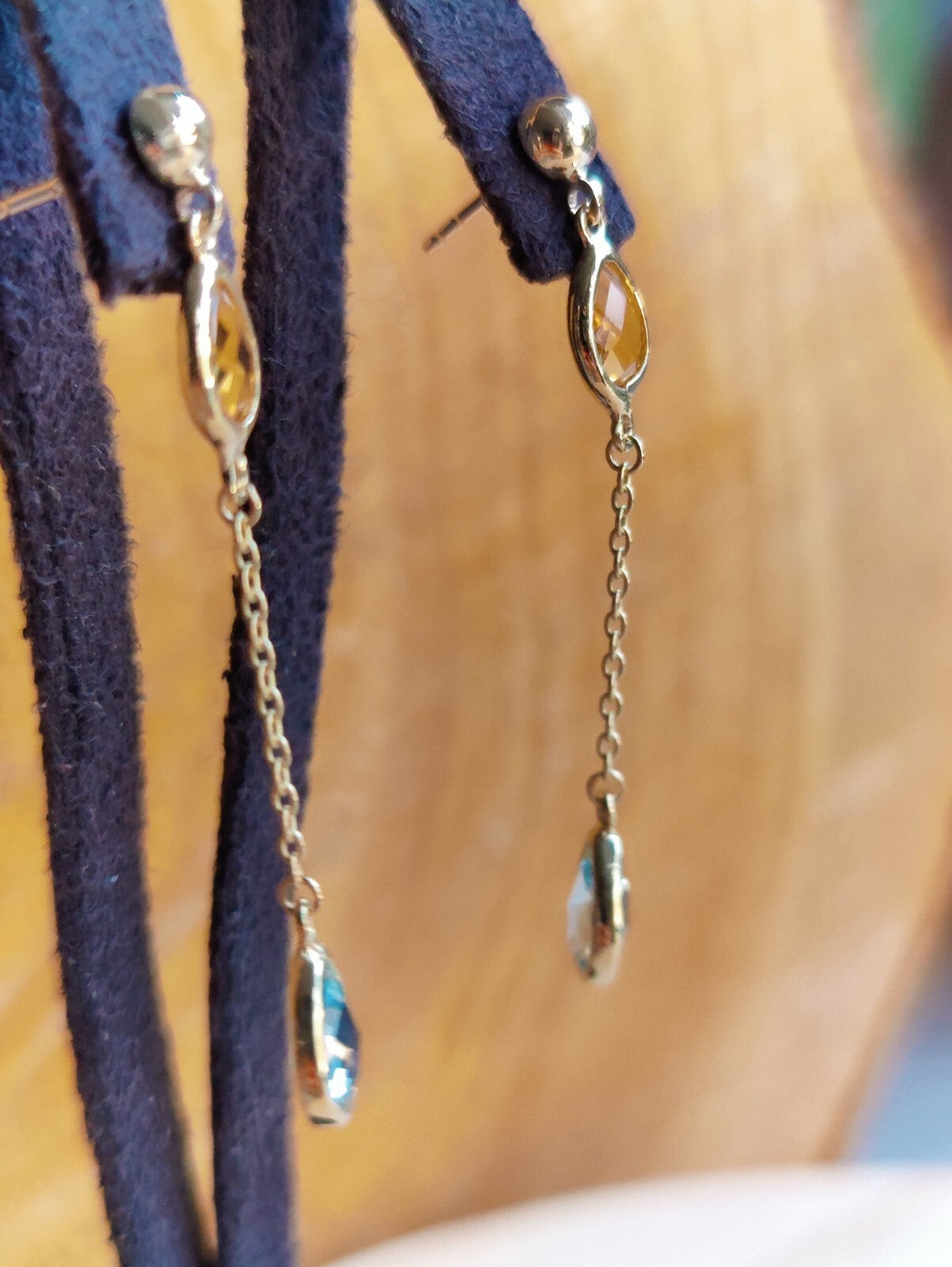 New 9ct Yellow Gold Drop Earrings Blue Topaz and Citrine Gemstones Hallmarked