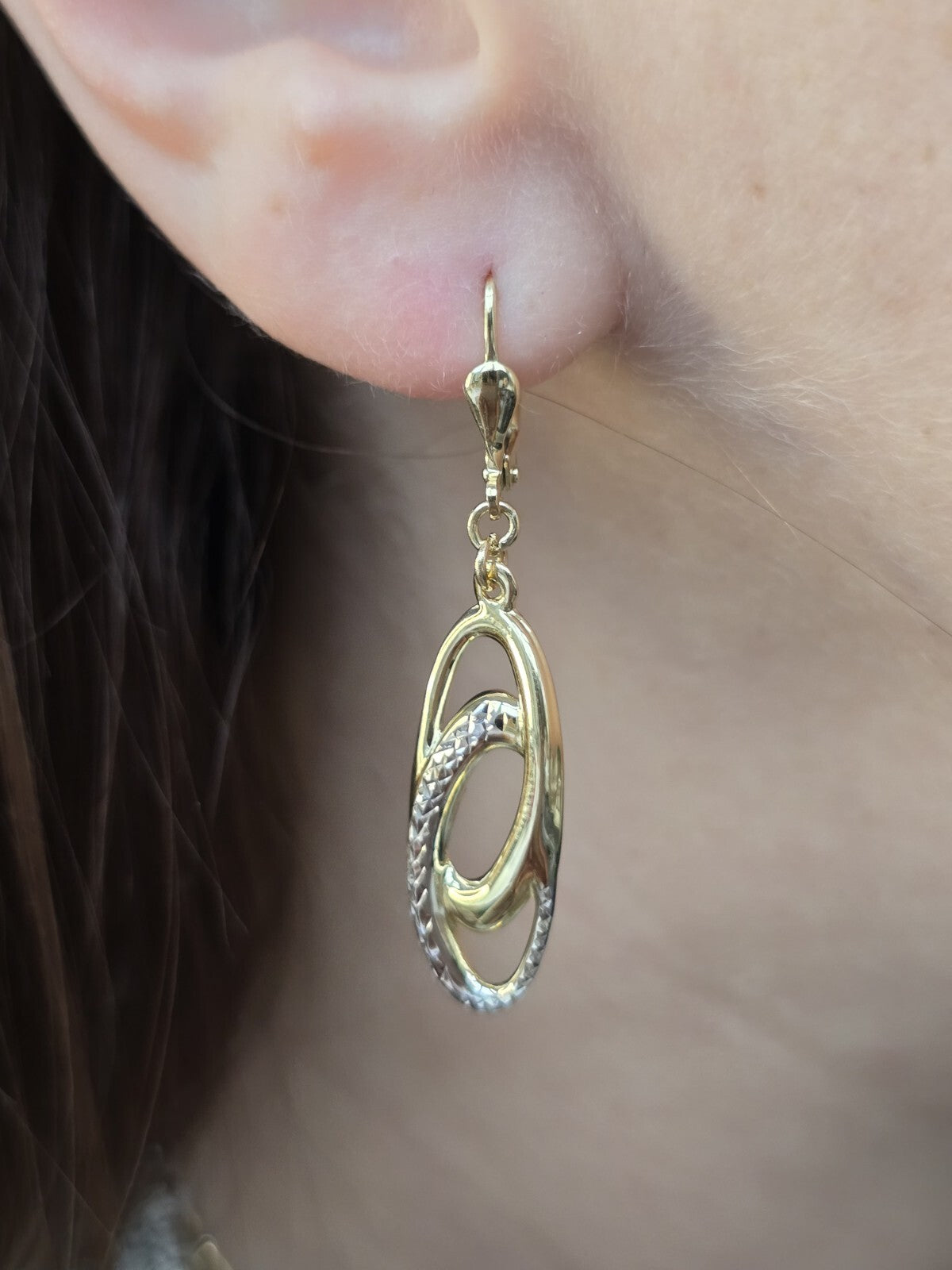 NEW 9ct Solid Yellow/White Gold Drop Dangling Earrings Leverclasp 40mm Long