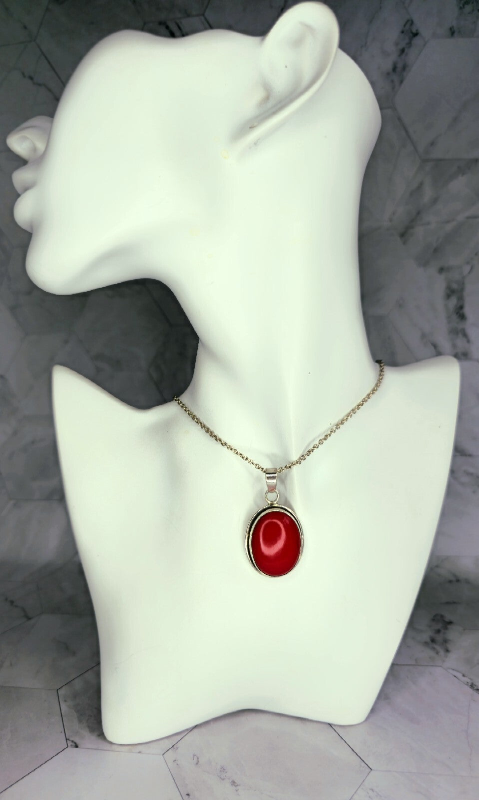 Vintage Big Oval Pendant Silver 925 with Red Stone Heavy Chunky 45mm x 24mm