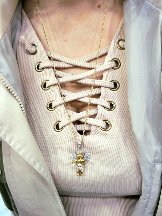 10K YELLOW GOLD PENDANT BABY ANGEL NATURAL DIAMONDS WINGS CROSS WITH CHAIN 25"