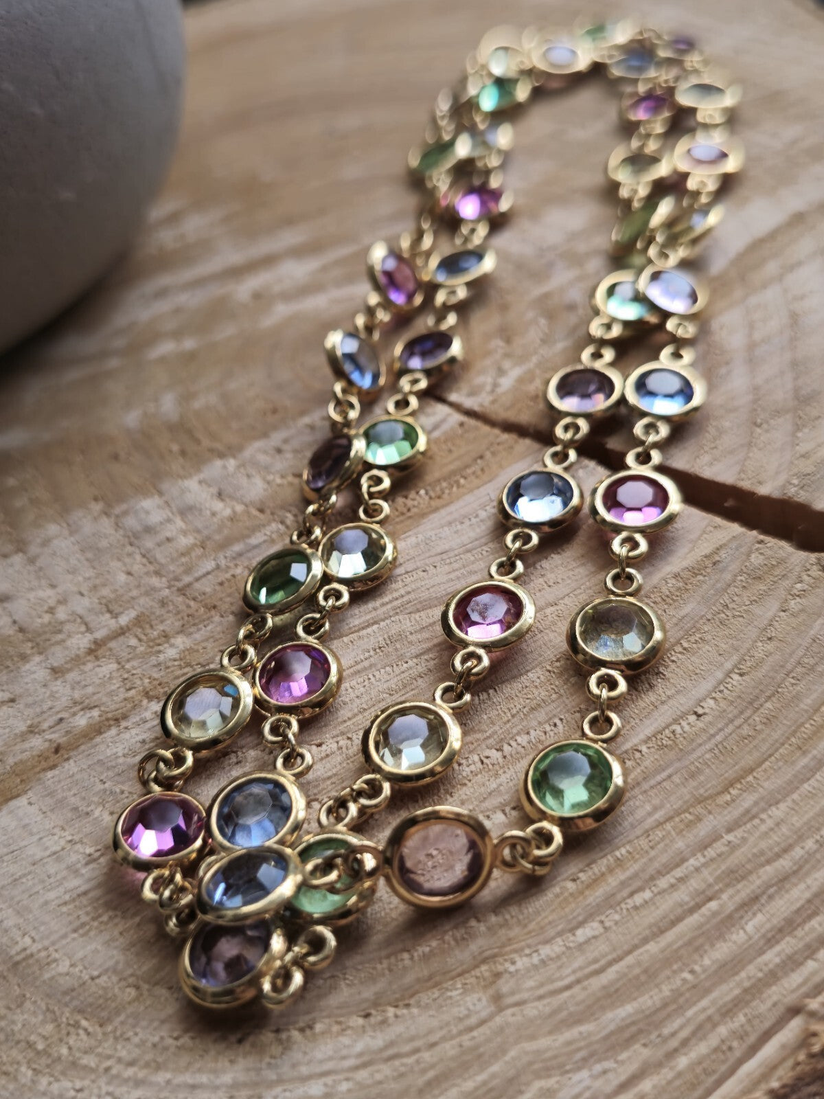 Lovely Gold Tone Bezel Set Austrian Crystal 31 Inch Necklace Multicolour