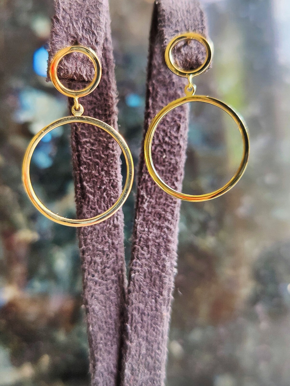 NEW 9ct Solid Yellow Gold Drop Earrings Double Circle With Butterfly Fitting