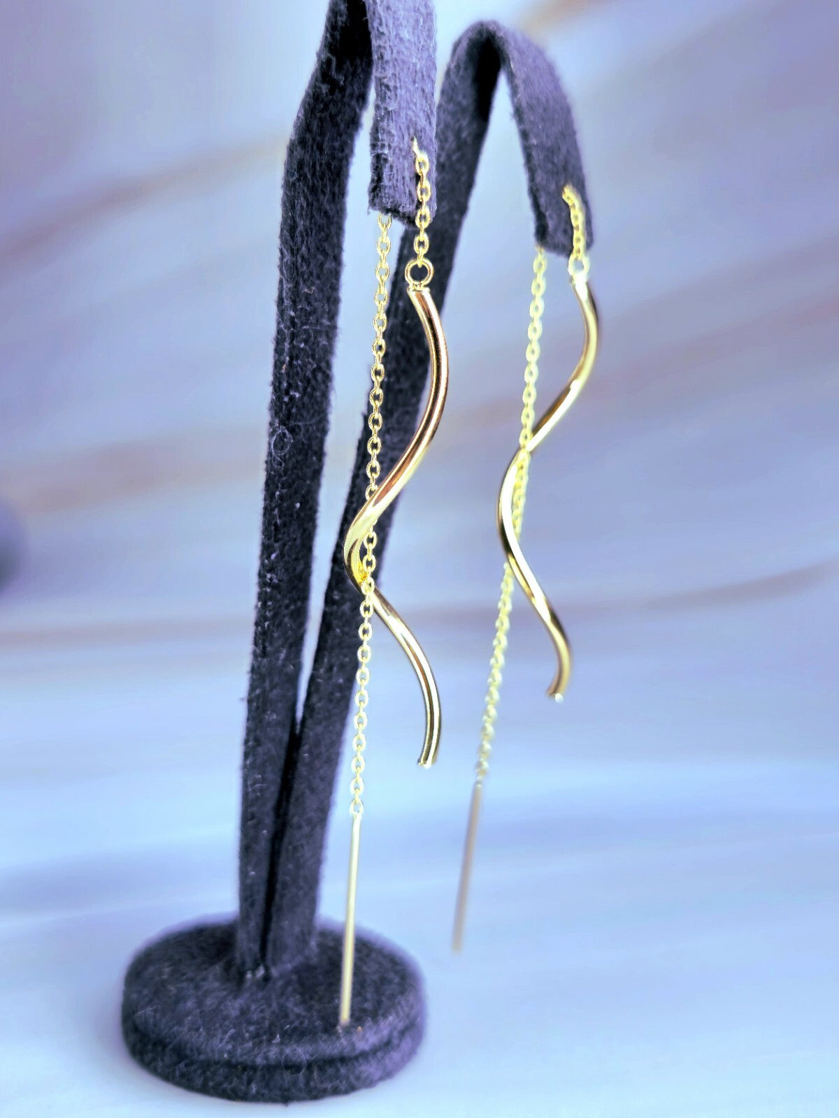 New 9ct Yellow Gold Twist Drop Earrings Squiggle Pull Through Wavy Chain 12.5cm