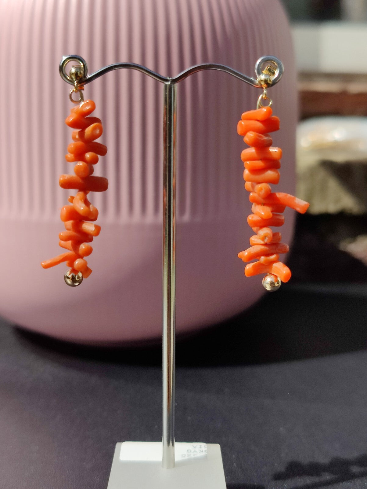 9ct Real Yellow GOLD and Natural Red CORAL Long Drop Earrings 4.5cm Vintage