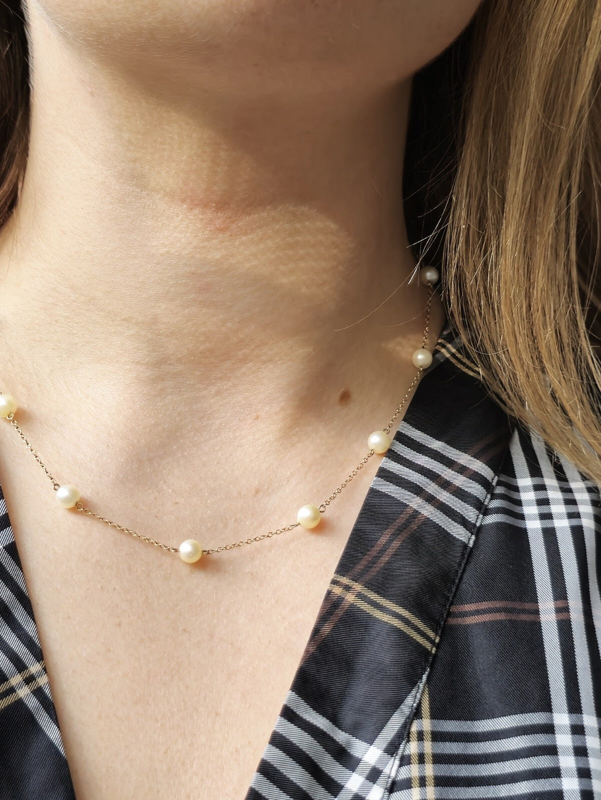 9K Yellow Gold Bars And Natural Cultured Pearls 17inch Fashion Necklace