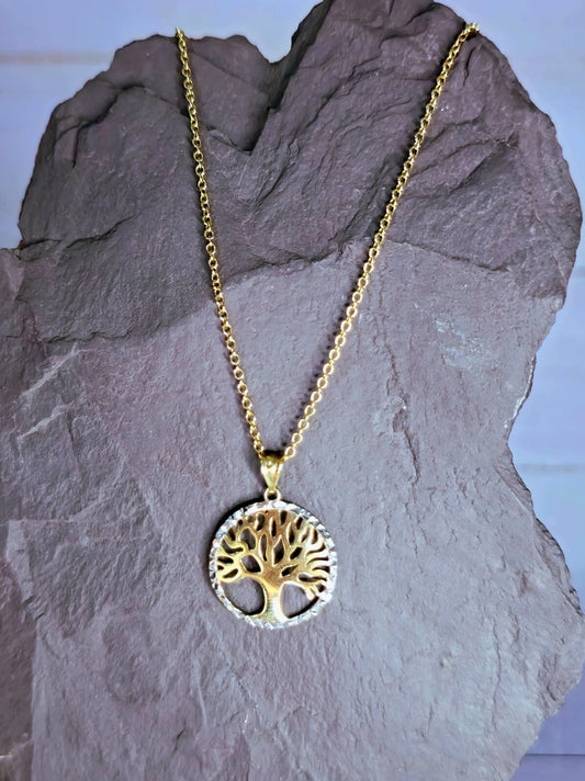 Beautiful Solid 9k Yellow/White Gold Pendant Tree of Life Diamond Cut 19mm NEW