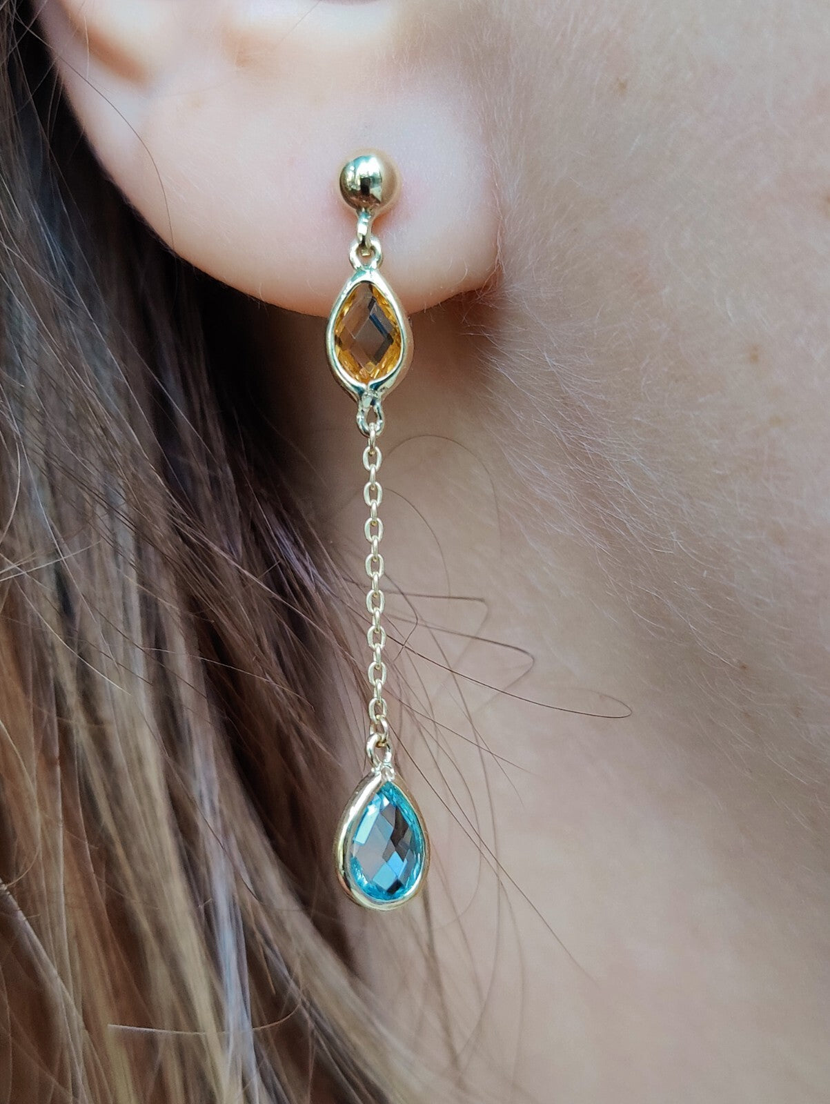 New 9ct Yellow Gold Drop Earrings Blue Topaz and Citrine Gemstones Hallmarked