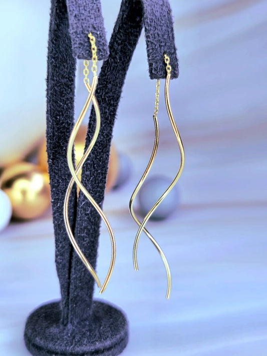 New 9ct Yellow Gold Twist Drop Earrings DOUBLE Squiggle Pull Through Wavy Moving